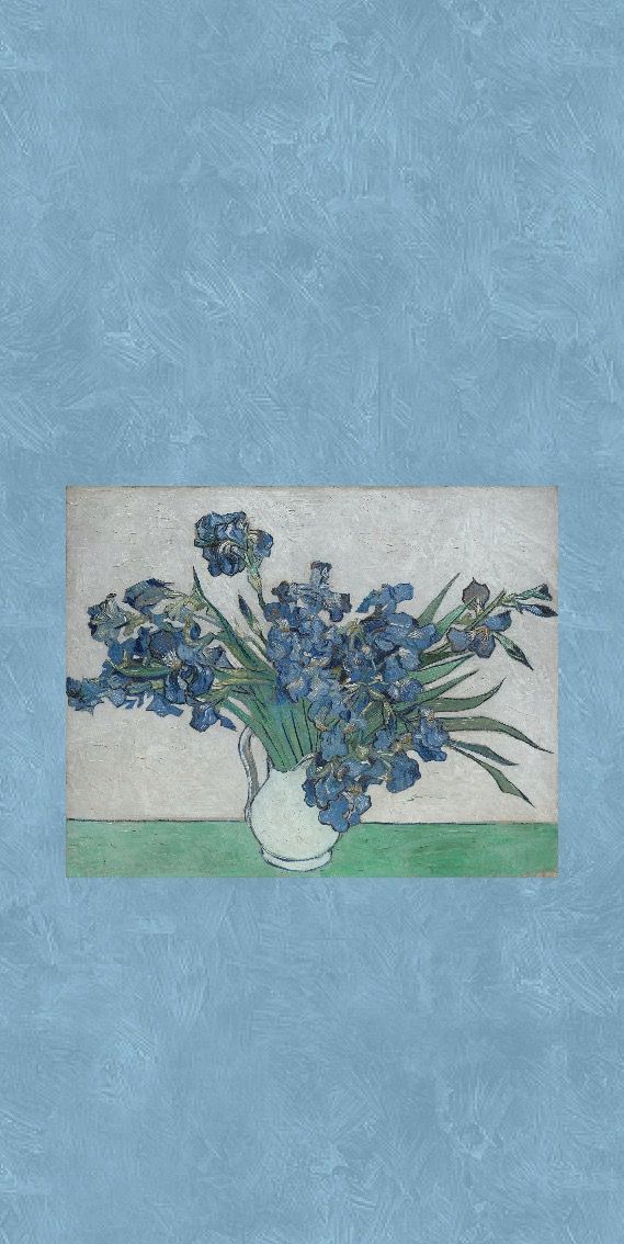 a painting of blue flowers in a white vase