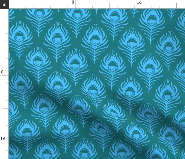 a blue and white peacock print on a teal background with measurements for the fabric