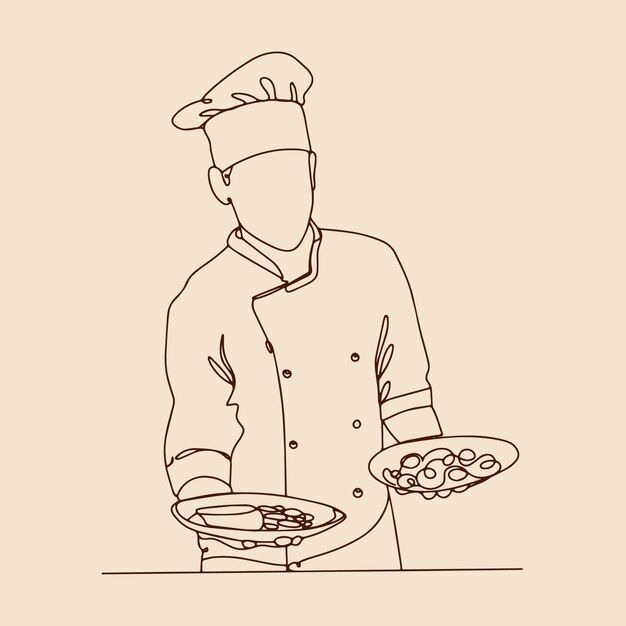 a man in chef's uniform holding a plate with food on it, line drawing