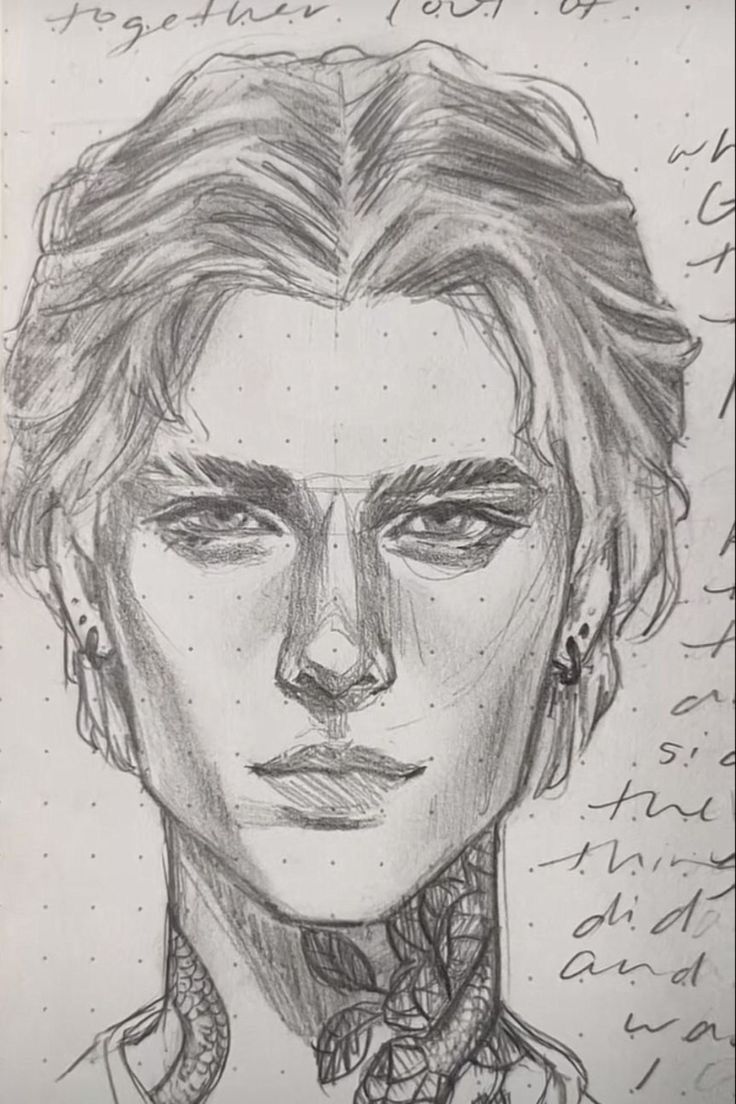 a drawing of a man with long hair and piercings on his neck is shown