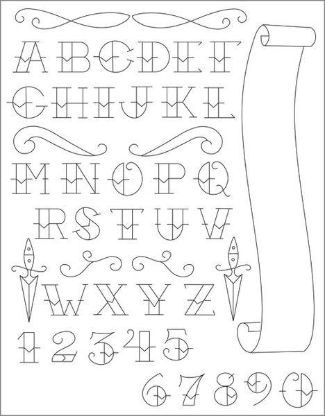 the alphabet and numbers are drawn in black ink on white paper with an ornate design