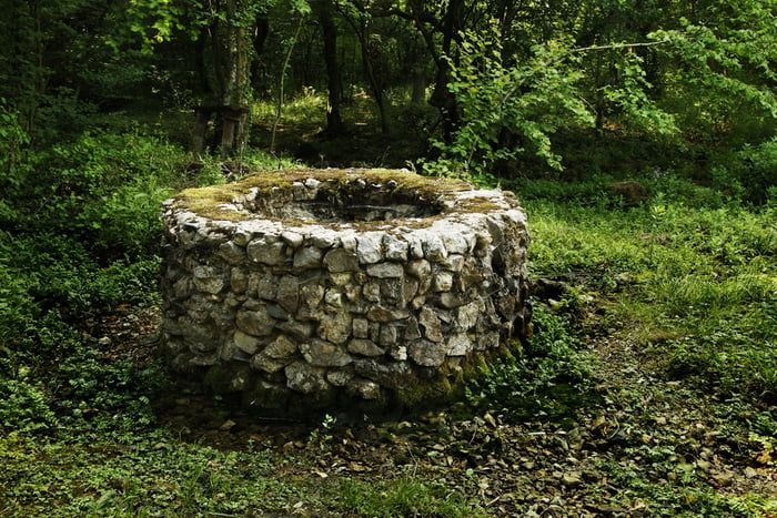 an old stone fire pit in the middle of a green field with trees around it