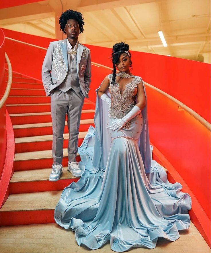 Prom Outfits For Couples Black, Blue And Grey Prom Couple, Prom Dresses Black Girls 2023, Rating Prom Dresses, Prom Dresses With Date, Blue Prom Dresses 2024, Prom Poses Black Couples, Prom Dress Black Couple, Prom Fits Couples