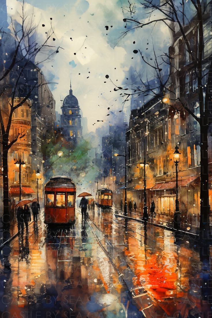 a painting of people walking down the street in the rain