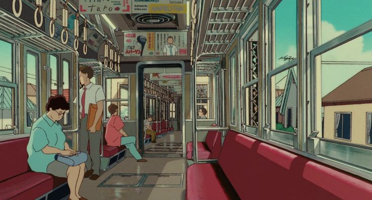 people are sitting and standing on the subway car in this animated scene from studio ghiz