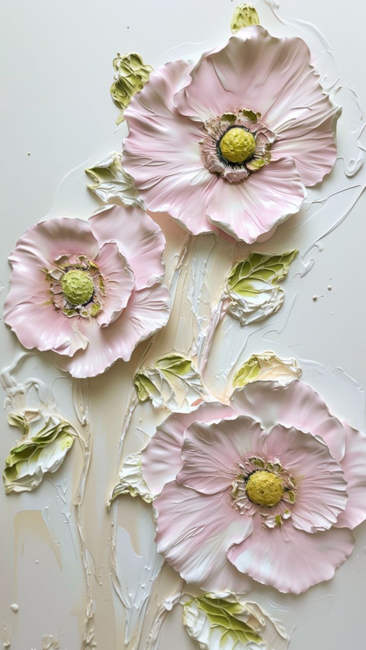 three pink flowers with green leaves are on the white surface, and one is painted in pastel