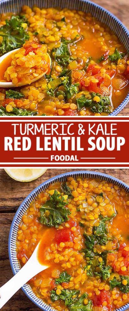 two bowls filled with red lentil soup on top of a wooden table