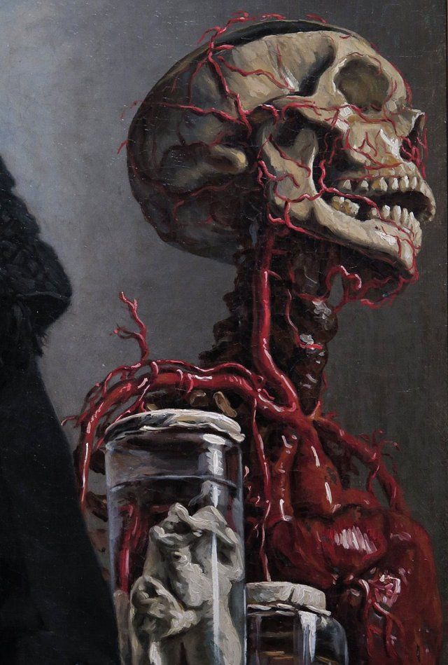 a painting of a skeleton holding a jar with blood coming out of it's head