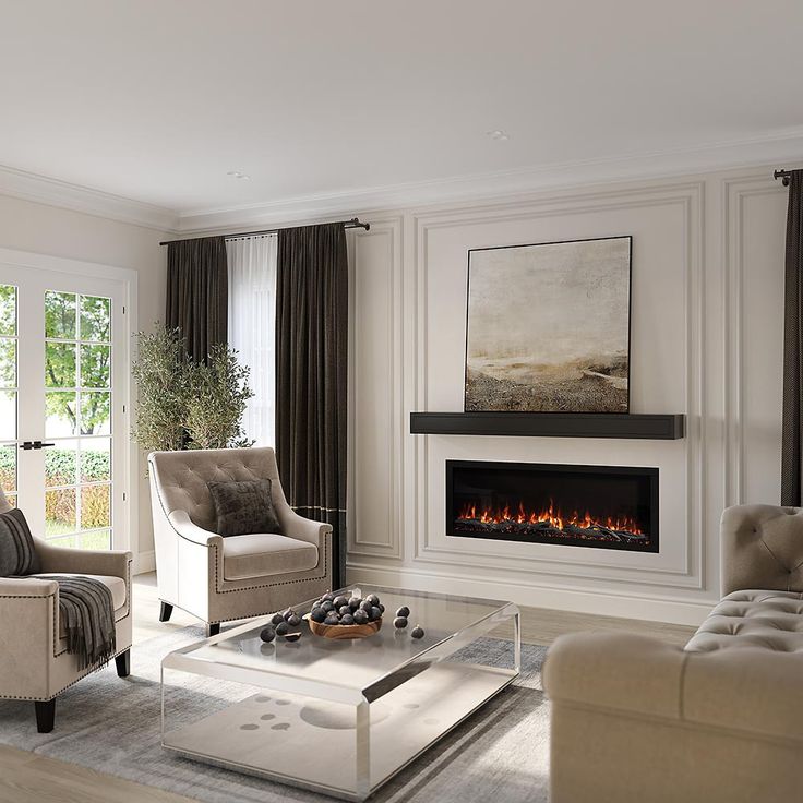 a living room filled with furniture and a fire place in the middle of the room