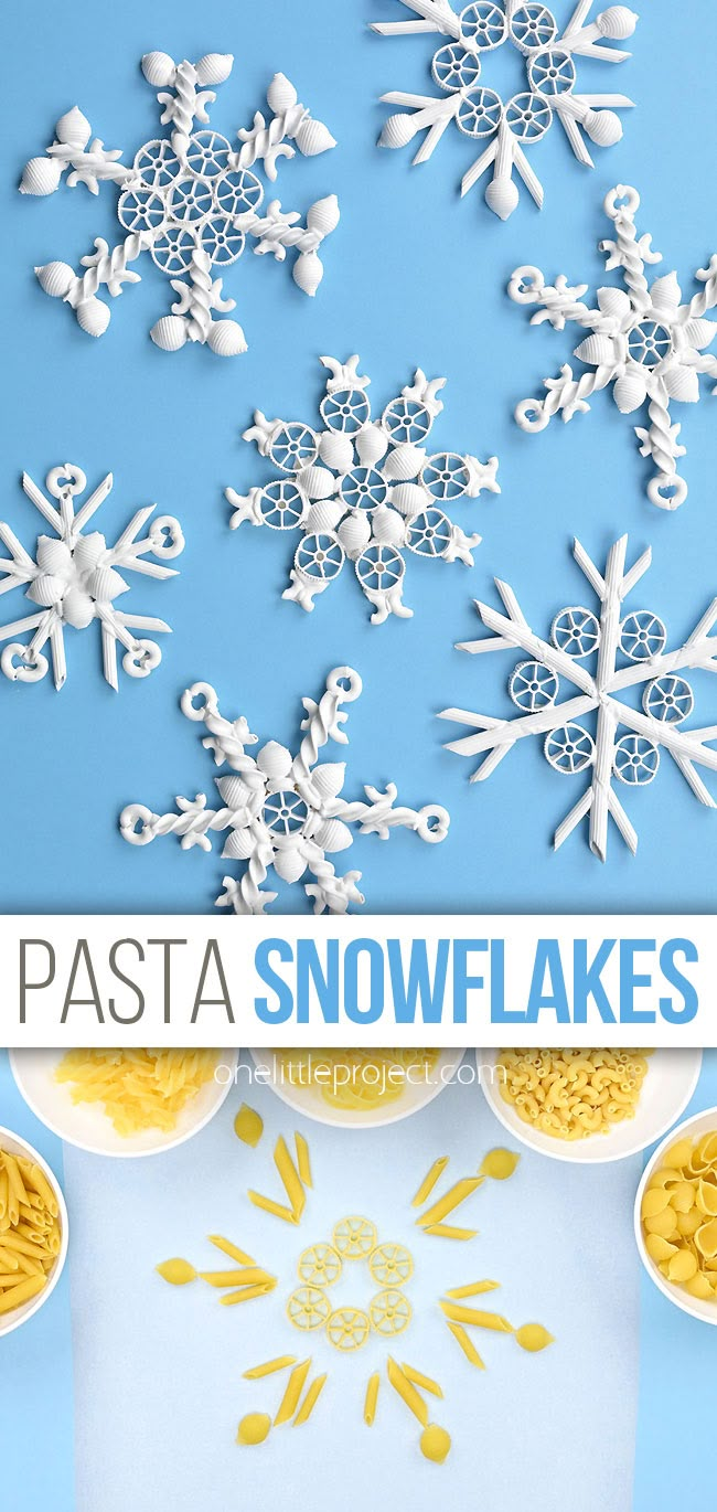 pasta and snowflakes cut out from paper on a blue background with text overlay that says pasta and snowflakes