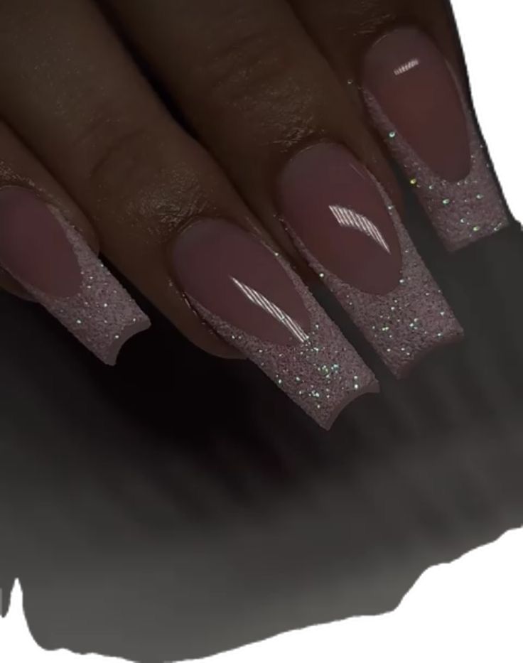 New Years Nails Ballerina, Pink Silver Prom Nails, Nail Inspiration New Year, Coffin French Tip Nails With Glitter, Birthday Nail Inspo Coffin, Glitter French Tip Nails Coffin, Birthday Nails Ballerina, Cute Formal Nails, Nice French Tip Nails