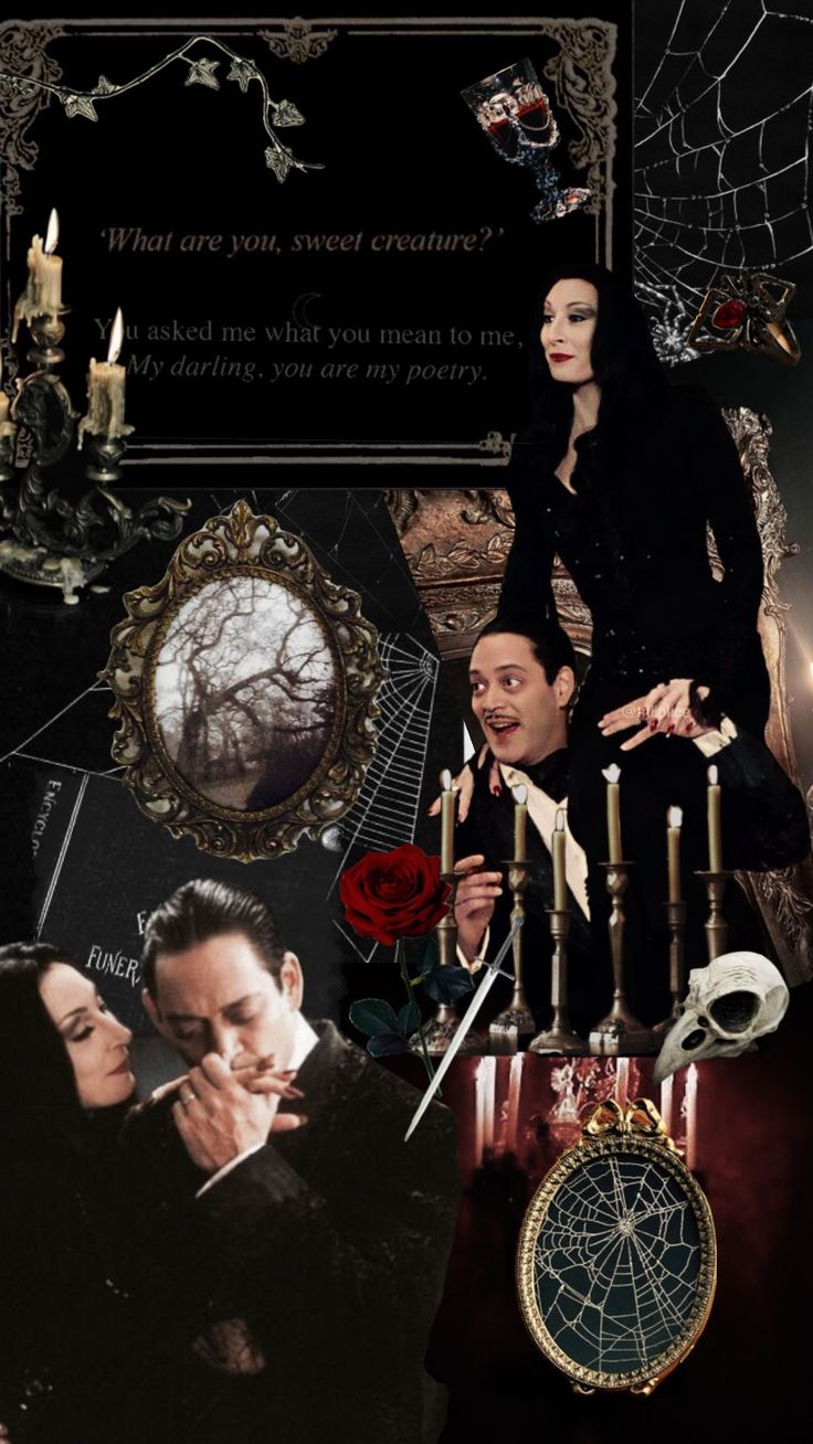 a collage of photos with an image of a man and woman in gothic garb