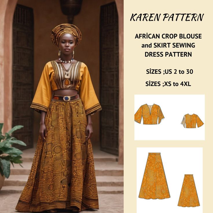 🌟:African Crop Blouse and Skirt sewing pattern available as an instant download (pdf) sewing pattern bundle with a range of size options: ⭐US Sizes: 2, 4, 6, 8, 10, 12, 14, 16, 18, 20, 22, 24, 26, 28, 30 ⭐Standard Sizes: XS, S, M, L, XL, 2XL, 3XL, 4XL ⭐These patterns are suitable for A4, A0, and US Letter size papers. ⭐Once your payment is processed, you will automatically receive download links for the pattern files. Please note that you can only download the files from a computer; they will not work on a phone or iPad. ⭐This is a digital product. You will receive zip files containing the patterns and sewing instructions. ⭐Due to the nature of digital downloads, no refund, return, or exchange of the files is possible. However, if you experience any problems with the files, please contact Traditional Dress African, Traditional Dresses African, African Dress Patterns, Boho Dress Pattern, Front Zipper Dress, Maxi Dress Pattern Sewing, Dashiki Dress, Skirt Sewing Pattern, African Fashion Skirts