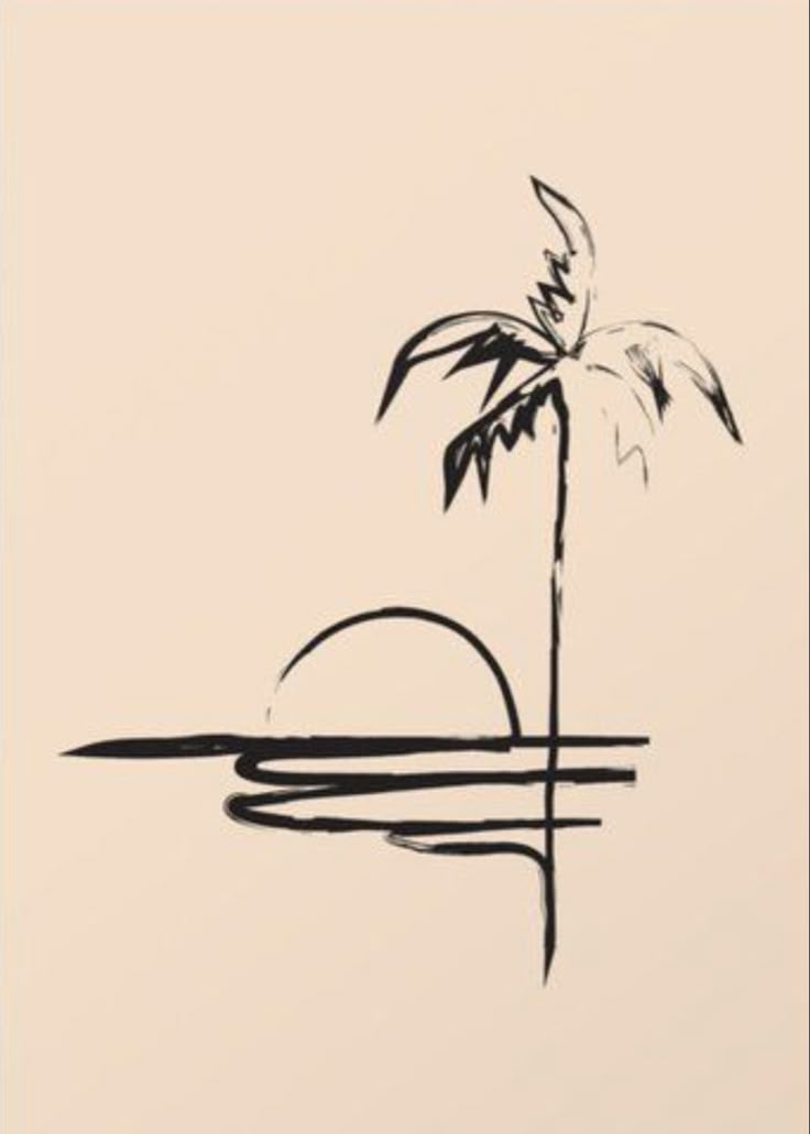 a black and white drawing of a palm tree with the sun in the back ground