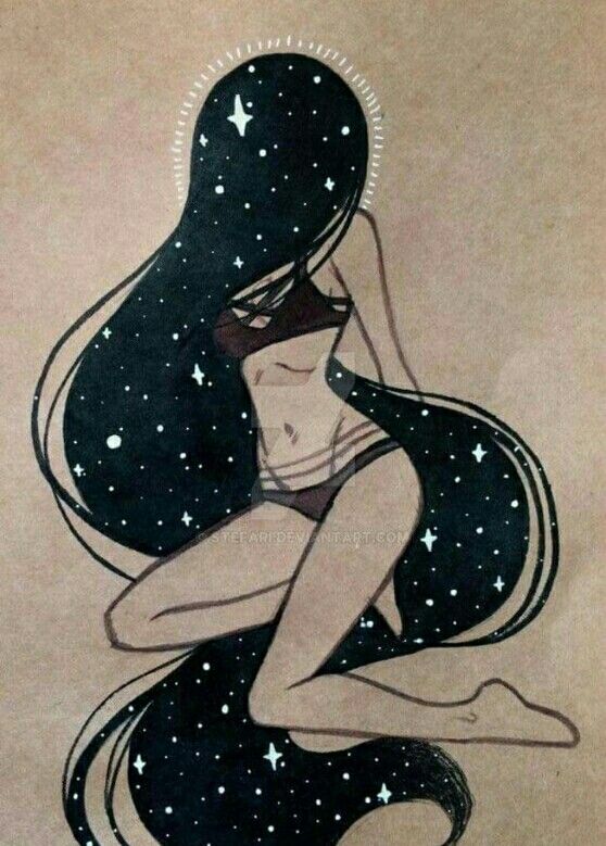 a drawing of a woman with long hair and stars on her chest, sitting in the air