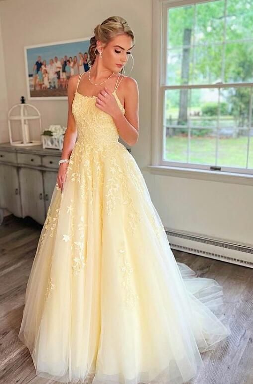 Lace Ball Gown For Banquet, Elegant Yellow Dress For Debutante Ball, Elegant Yellow Gown For Debutante Ball, Lace Maxi Gown With Sweep Train, Floor-length Lace Gown For Prom Season, Lace Floor-length Gown For Prom Season, Floor-length Lace Ball Gown With Lace Bodice, Lace Bodice Floor-length Ball Gown, Elegant Yellow Floor-length Ball Gown