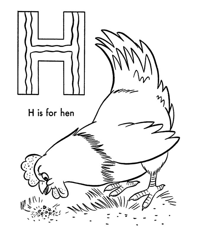 the letter h is for hen coloring page with an image of a chicken on it