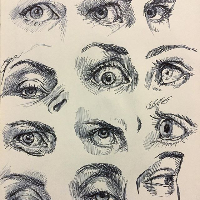 a bunch of different types of eyes drawn in pencil on white paper with black ink