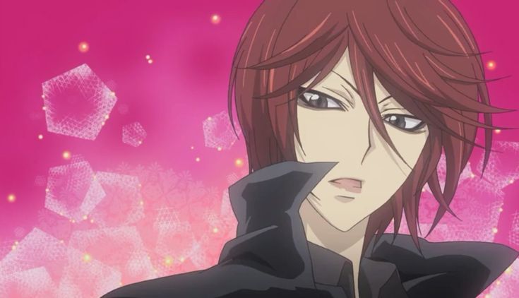 an anime character with red hair and blue eyes looking at the camera, in front of pink background