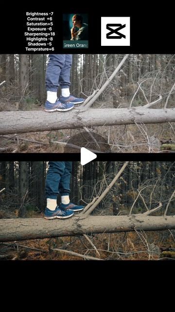 two images show the same person walking on a fallen tree in the woods, and one is wearing snow boots