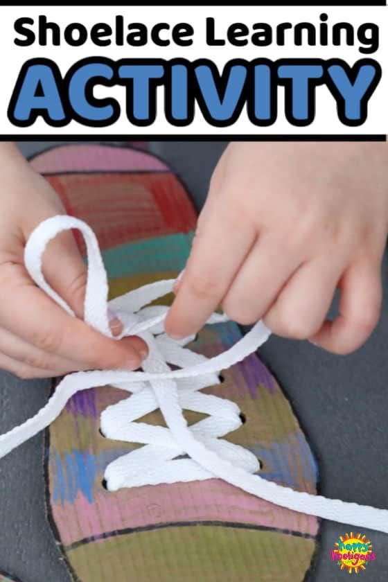 a person tying shoelaces to a pair of shoes with text overlay reading shoelace learning activity