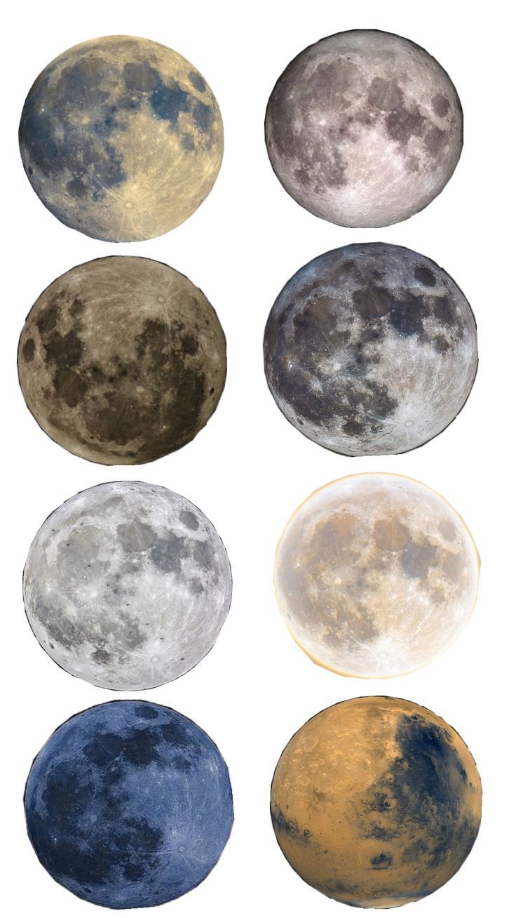 six different phases of the moon on a white background, each with its own color scheme