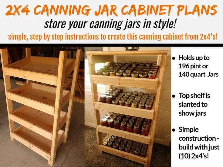 two wooden shelves with canned jars on top and below the shelf are labeled canning jar cabinet plans