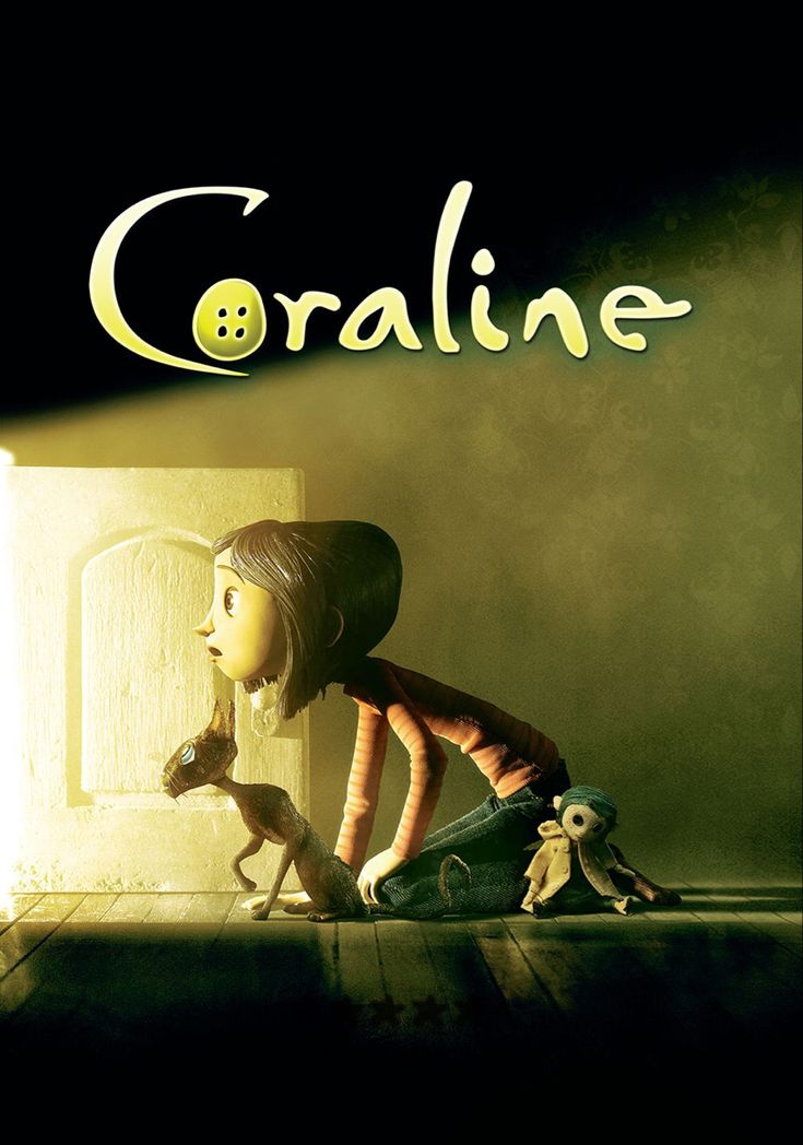 a child is looking at an animal in front of a door with the word coraline on it