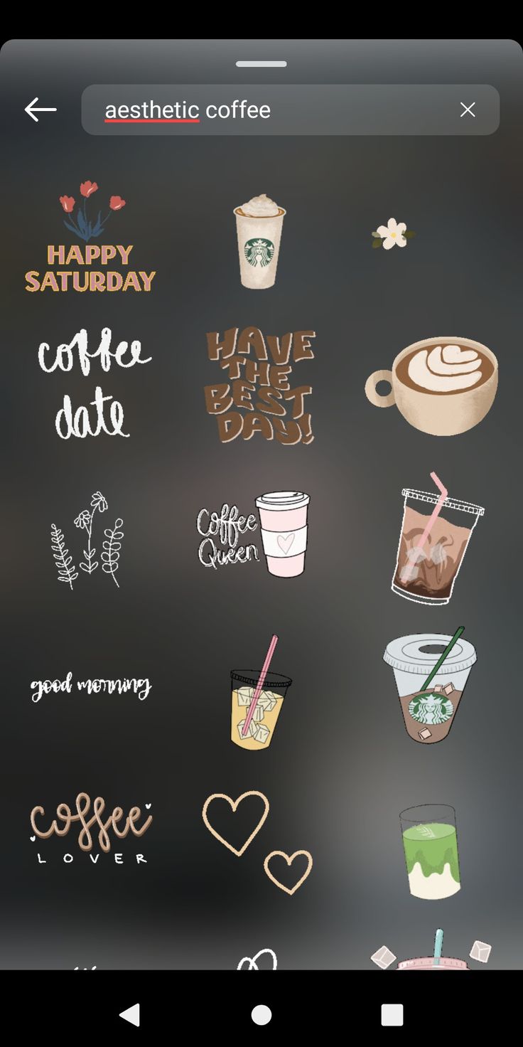 an iphone screen with coffee stickers on it and the words happy saturday written in different languages