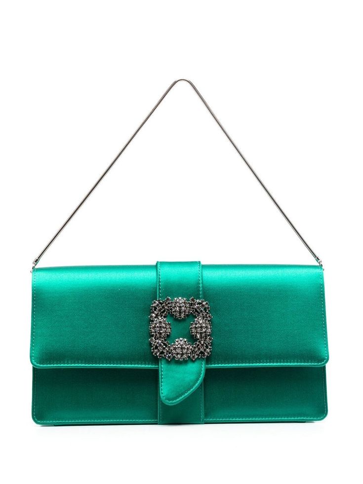 emerald green satin finish decorative buckle detail crystal embellishment front flap closure single shoulder strap main compartment Manolo Blahnik Clutch, Green Manolo Blahnik, Manolo Blahnik Green, Clutch Outfit, Clutch Sewing, Embellished Clutch, Chanel 2, Demi Fine Jewelry, Green Satin