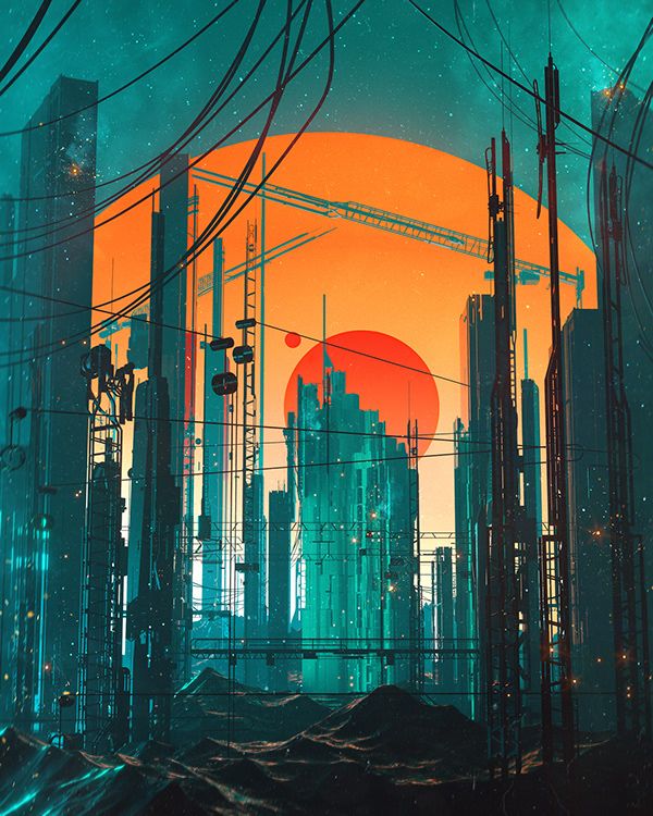 the sun is setting over an industrial city