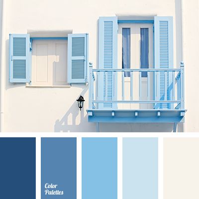 a blue and white house with shutters on the windows, painted in shades of light blue