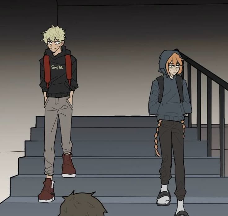 two anime characters are standing on the stairs with their backs to each other and one is wearing a backpack