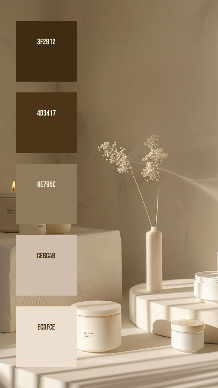 Colors:
3F2B12
4D3417
8E795C
CEBCAB
ECDFCE Portfolio Color Scheme, Candle Color Palette, Tranquil Color Palette, House Color Palette Interior, Wellness Color Palette, Elegant Colour Palette, Minimalist Colour Palette, Luxury Color Palette, Light Color Palette