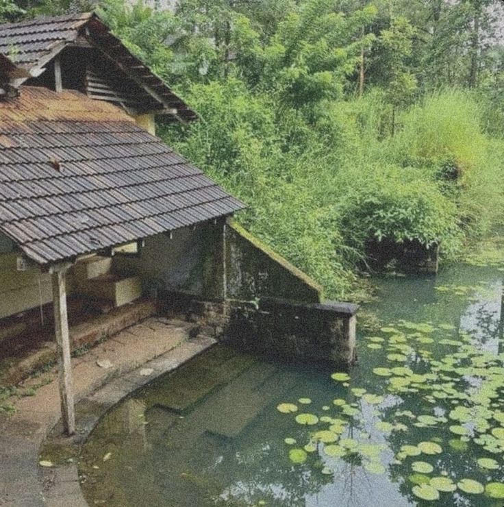 an old building sitting next to a body of water with lily pads on the ground