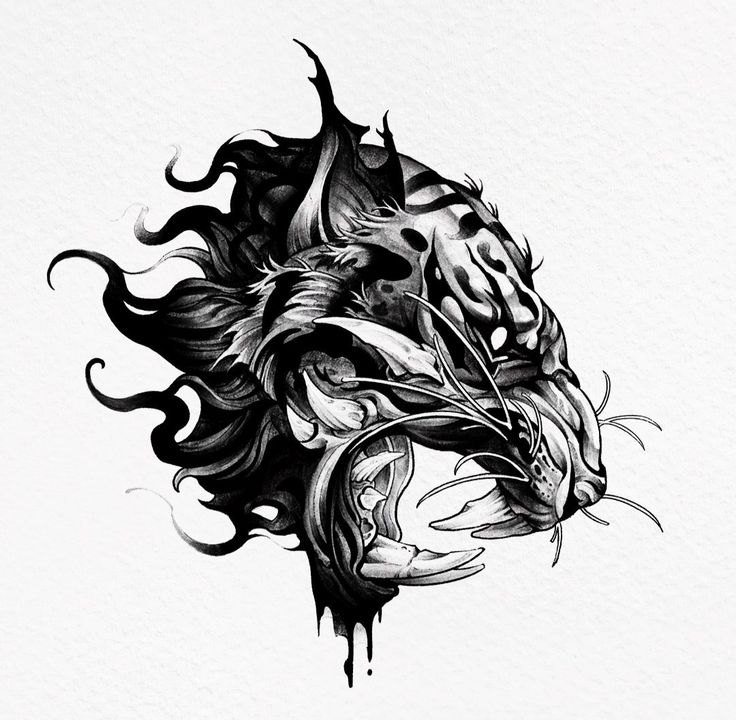 a black and white drawing of a lion's head with flames coming out of it