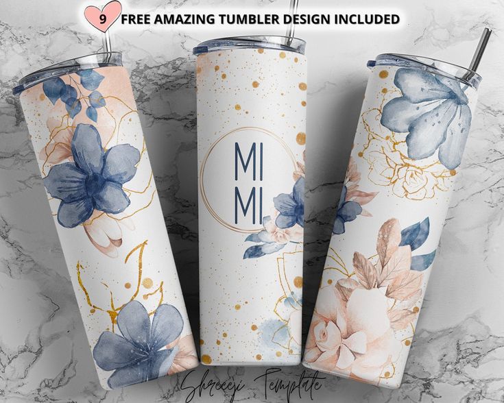 three personalized tumblers with floral designs on them