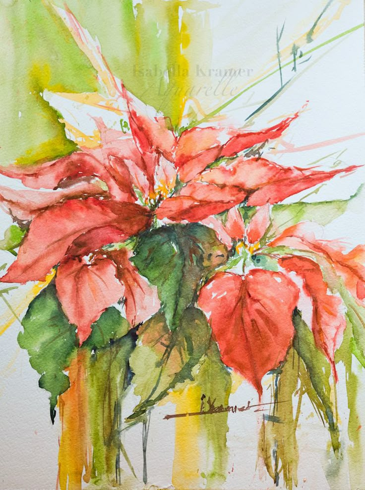 a watercolor painting of red flowers in a vase