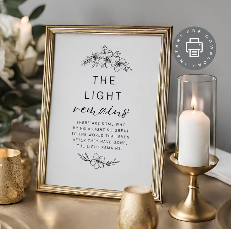 a table with candles, flowers and a framed sign that says the light is reading