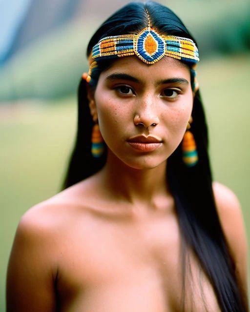 an image of a woman with long hair wearing headdress and earrings