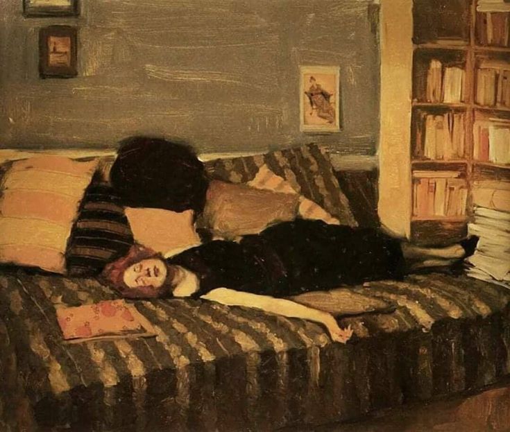 a painting of a woman laying on a couch with bookshelves in the background