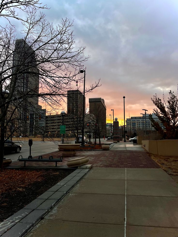 the sun is setting on a city street with tall buildings in the background and trees lining the sidewalk