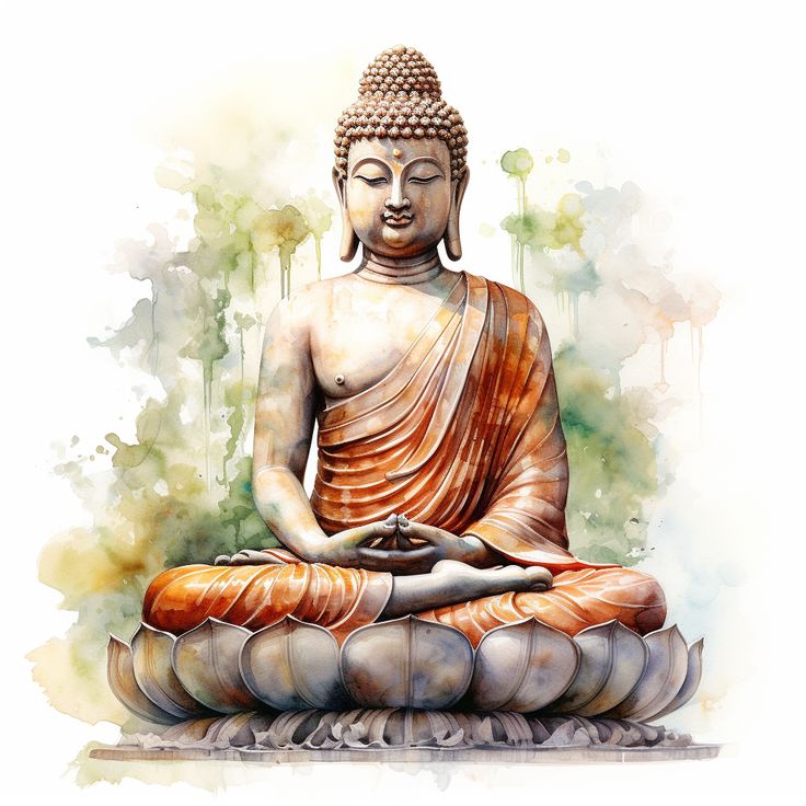 a painting of a buddha statue sitting on top of a rock