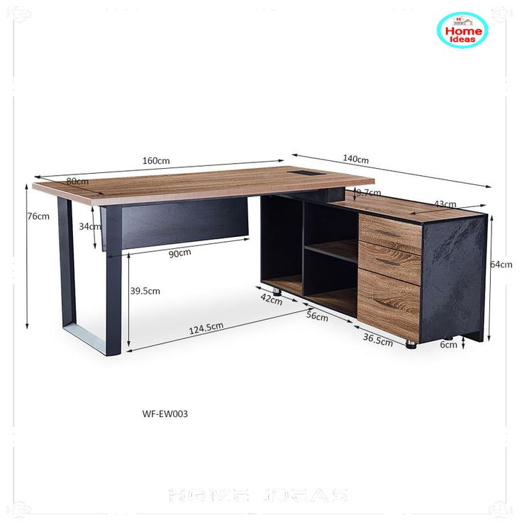 an image of a desk with measurements for the top and bottom section, including drawers