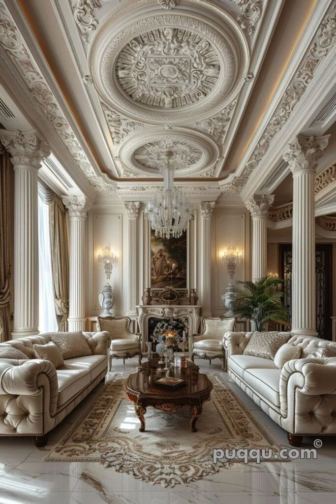 an elegant living room with white furniture and chandelier