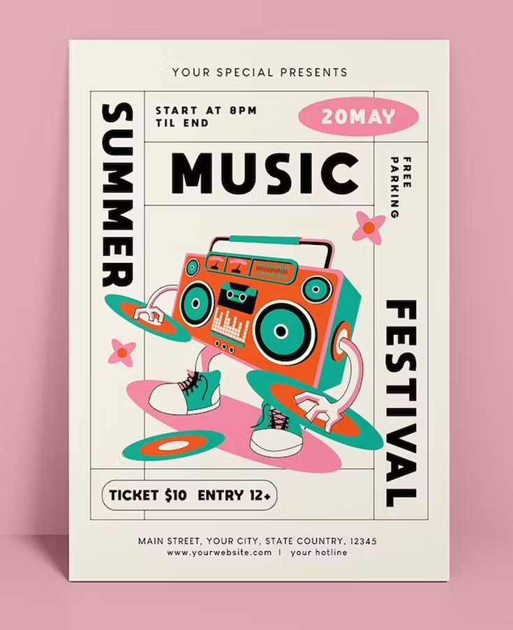 a poster for the summer music festival with an image of a boombox on it