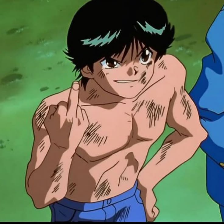 an anime character standing next to another character wearing blue pants and no shirt, with his hands on his hips