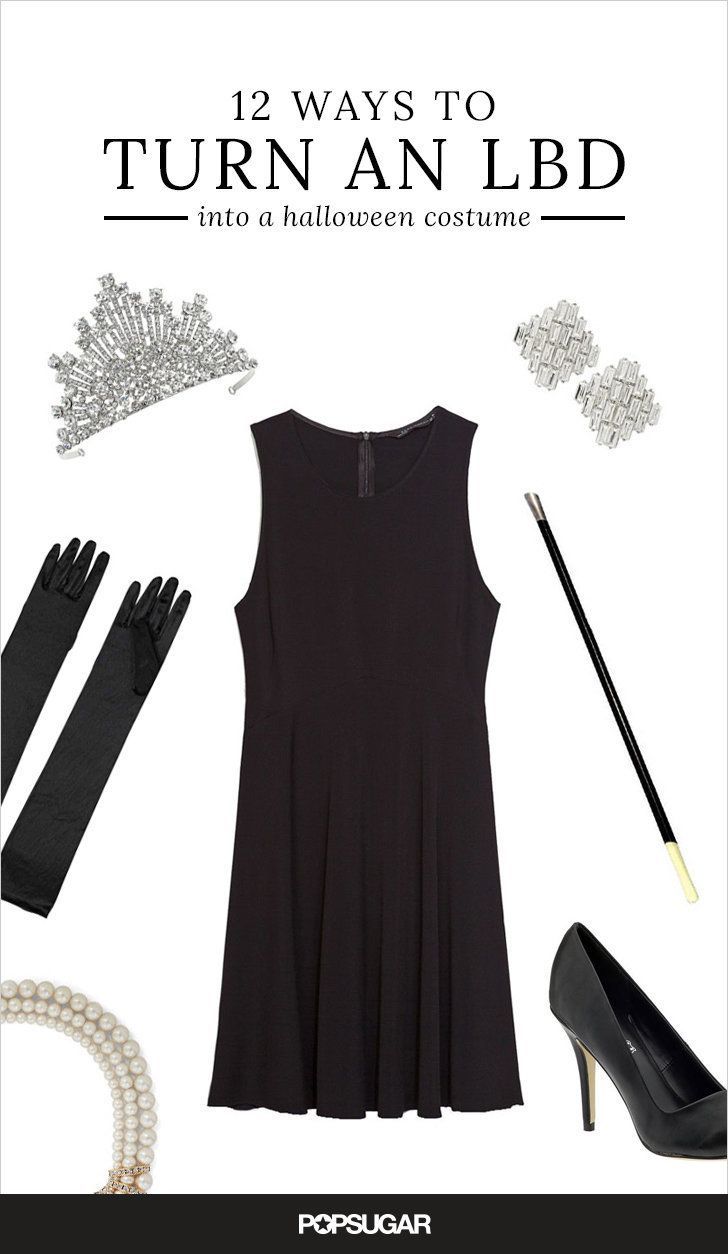 a black dress and accessories with text that reads 12 ways to turn an led into halloween costume