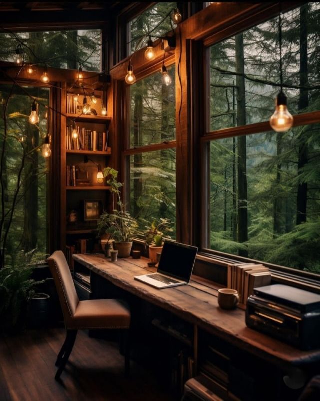 a desk with a laptop on top of it in front of a window filled with books