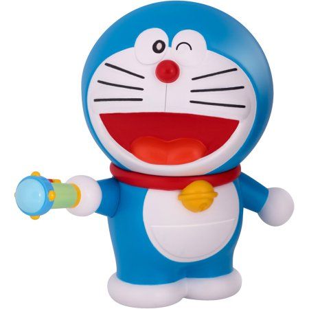 a blue and white toy with a red nose holding a yellow object in it's hand